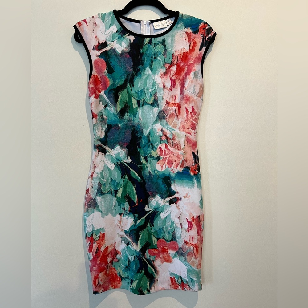 Bisou Bisou sleeveless bodycon colorful watercolor floral dress size 6 like new